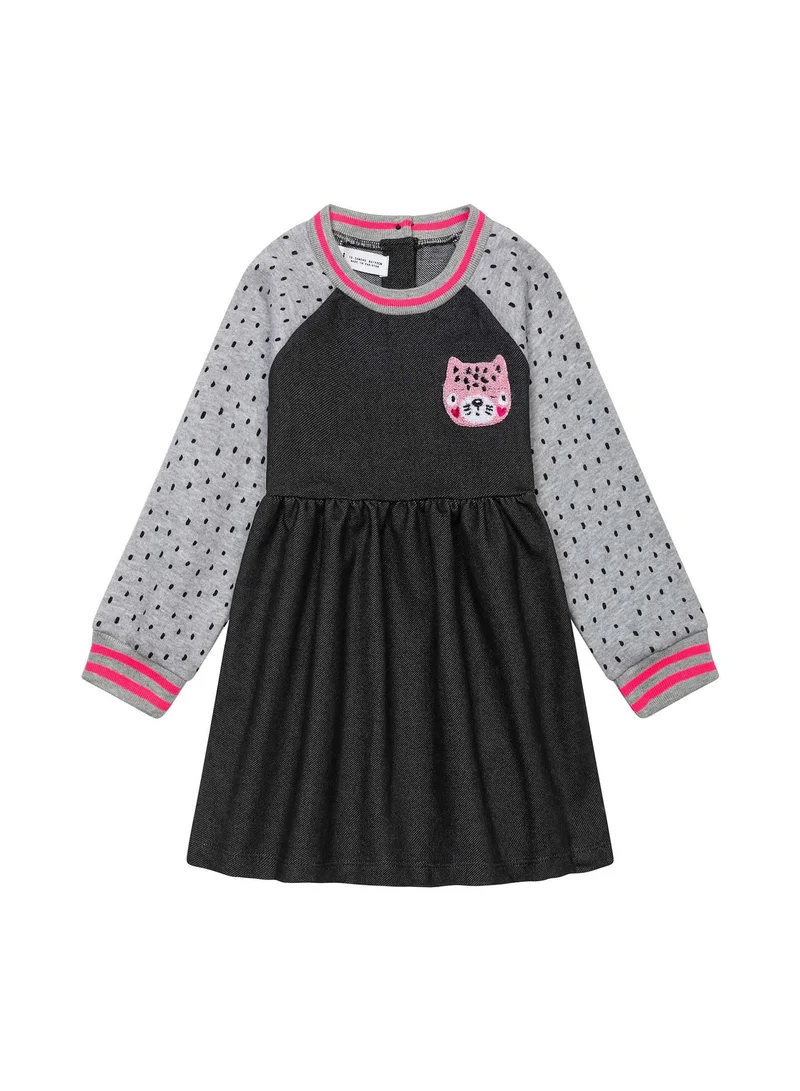 MINOTI Girls dress mixed fabric contrast sleeves grey